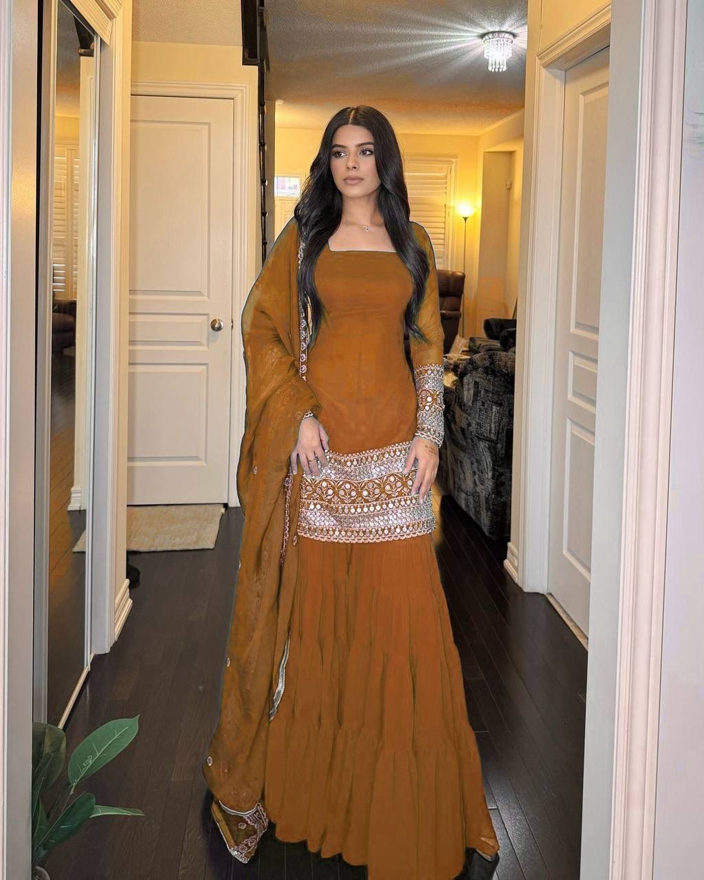 MUSTARD COLOR GEORGETTE BASE EMBROIDERED WORK SHARARA SUIT SET OF 3