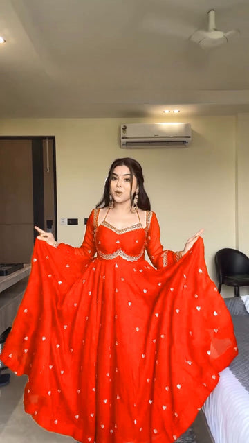 PREMIUM FAUX GEORGETTE ORANGE ANARKALI WITH THREAD & SEQUENCE WORK