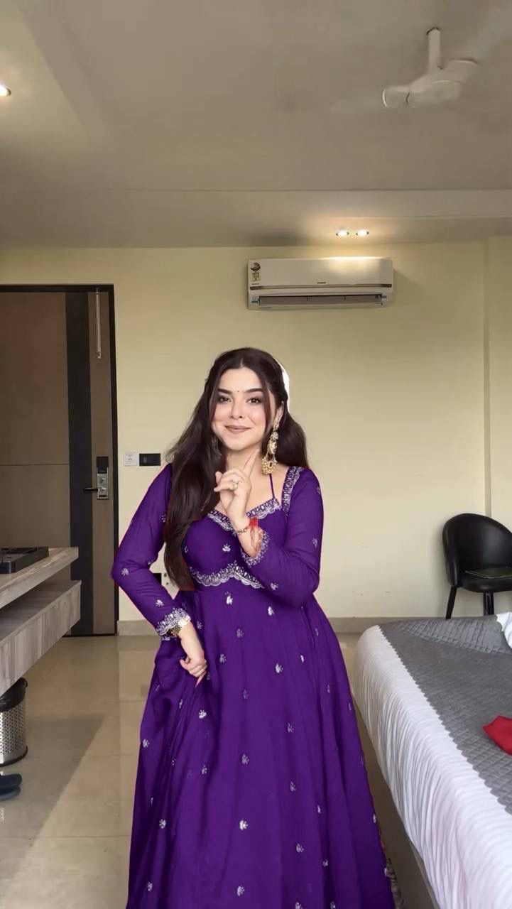 PREMIUM FAUX GEORGETTE PURPLE ANARKALI WITH THREAD & SEQUENCE WORK