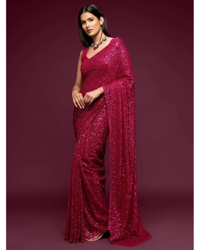 FABULOUS HOT PINK SEQUENCE WORK GEORGETTE BASE PARTY WEAR SAREE