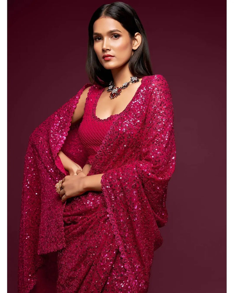 FABULOUS HOT PINK SEQUENCE WORK GEORGETTE BASE PARTY WEAR SAREE