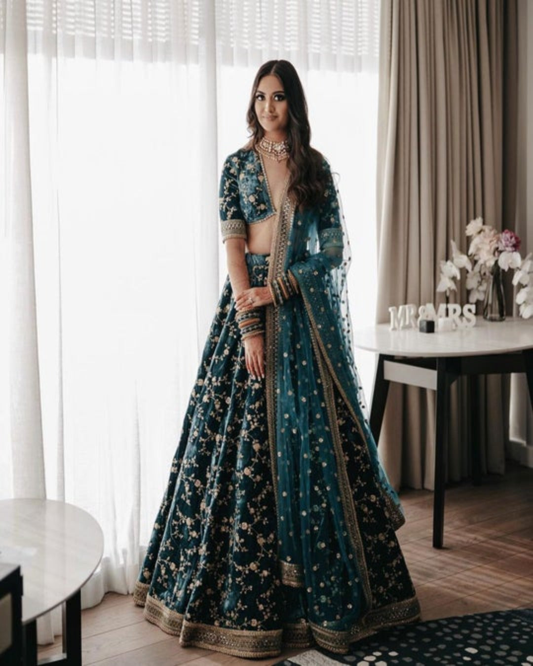 TEAL GREEN COLOR VELVET MATERIAL SEQUINS WORK LEHENGA CHOLI