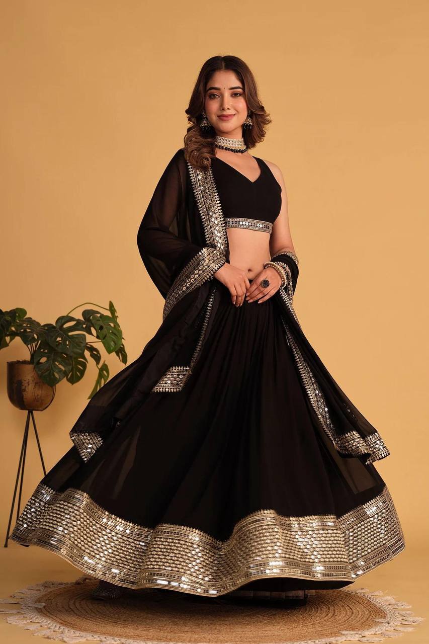 MIDNIGHT BLACK COLOR SEQUNCE ZARI EMBROIDERED GEORGETTE ATTRACTIVE BORDER LEHENGA CHOLI WITH DUPATTA