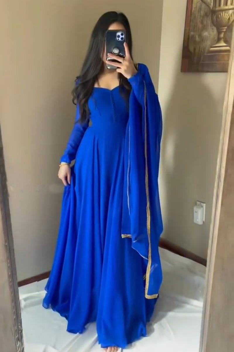 GORGIOUS ROYAL BLUE COLOR GEORGETTE BASE DESIGNER LOOK ANARKALI SUIT WITH CHURIDAR AND EMBROIDERY LACE BORDER DUPPATA SET OF - 3