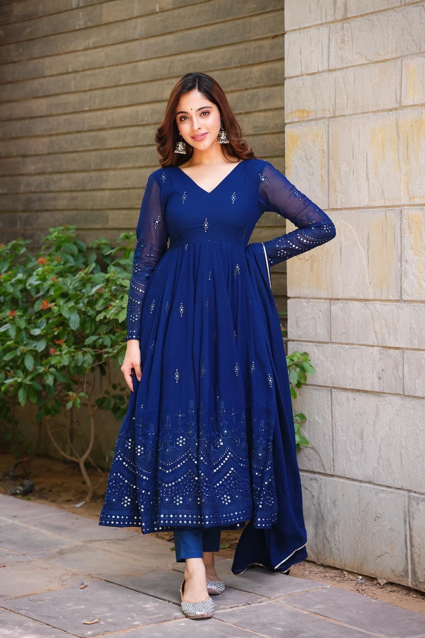 COBALT BLUE GEORGETTE BASE ANARKALI SUIT SET OF 3