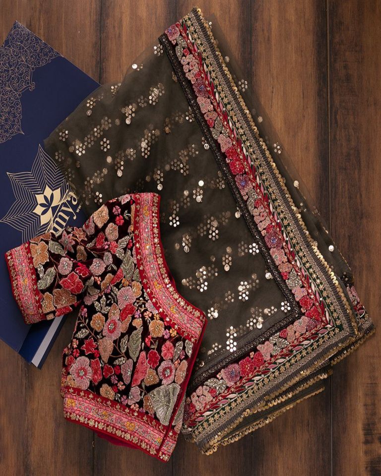 BROWN COLOR HEAVY MUKAISH WORKED ORGANZA BASE WEDDING WEAR SAREE