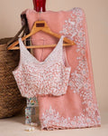 BEAUTIFUL LOOK PEACH DESIGNER ORGANZA SAREE WITH MATCHING BLOUSE