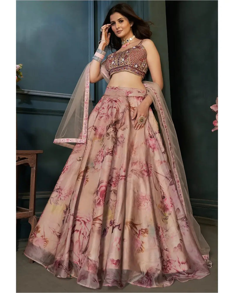 MULTI COLOR DIGITAL PRINT ORGANZA SILK LEHENGA CHOLI