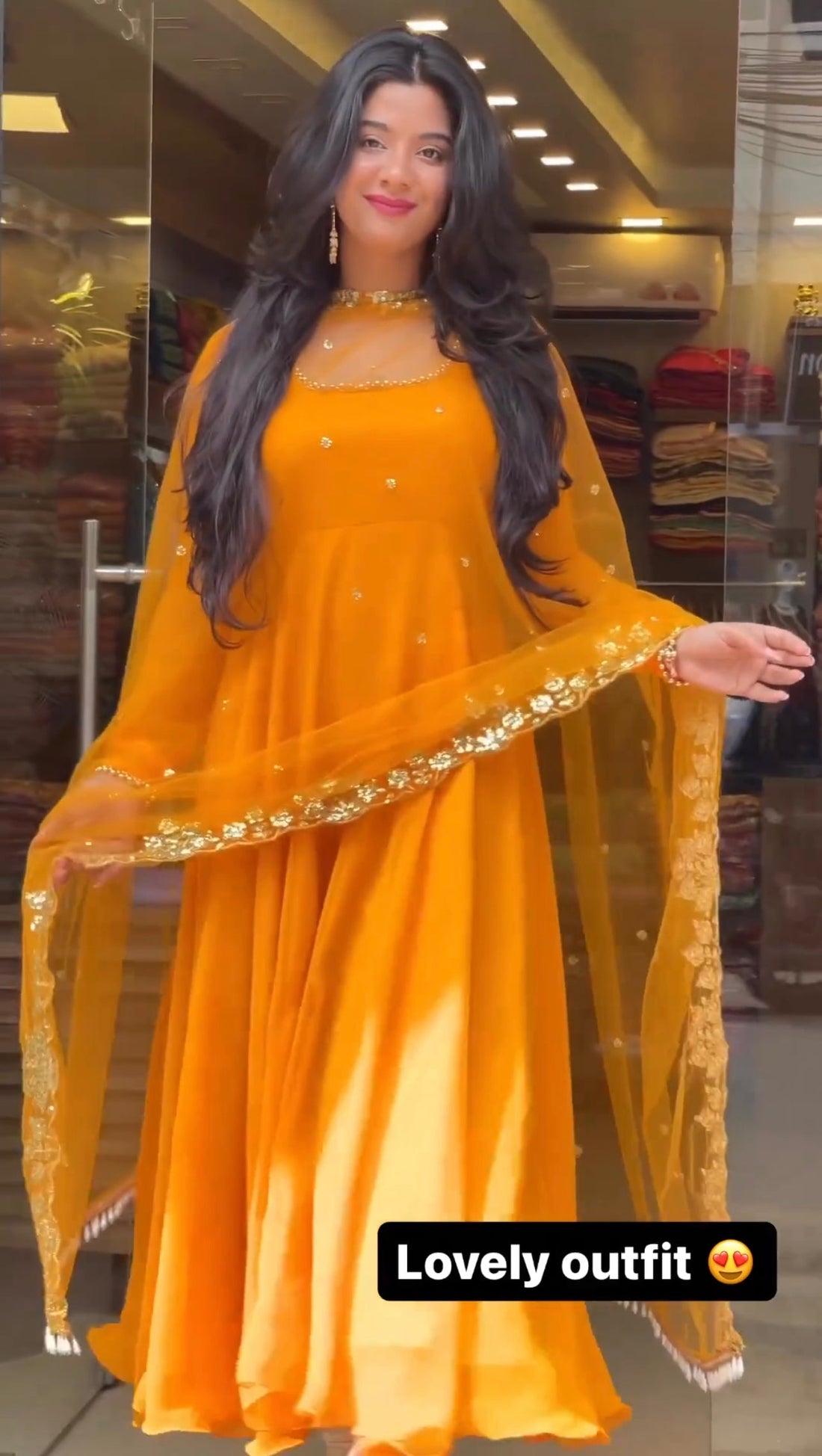 TANGERINE ORANGE COLOR GEORGETTE BASE ANARKALI SUIT WITH CHURIDAR SET OF 3