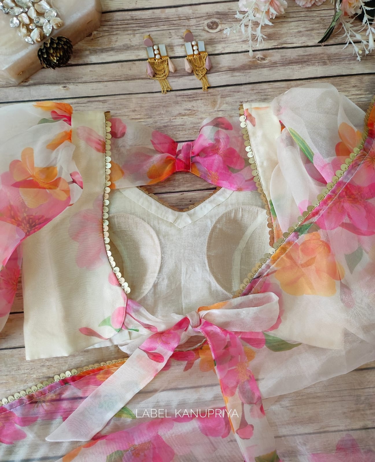 FLORAL PRINT ORGANZA BASE DESIGNER EMBROIDERY WORK SAREE