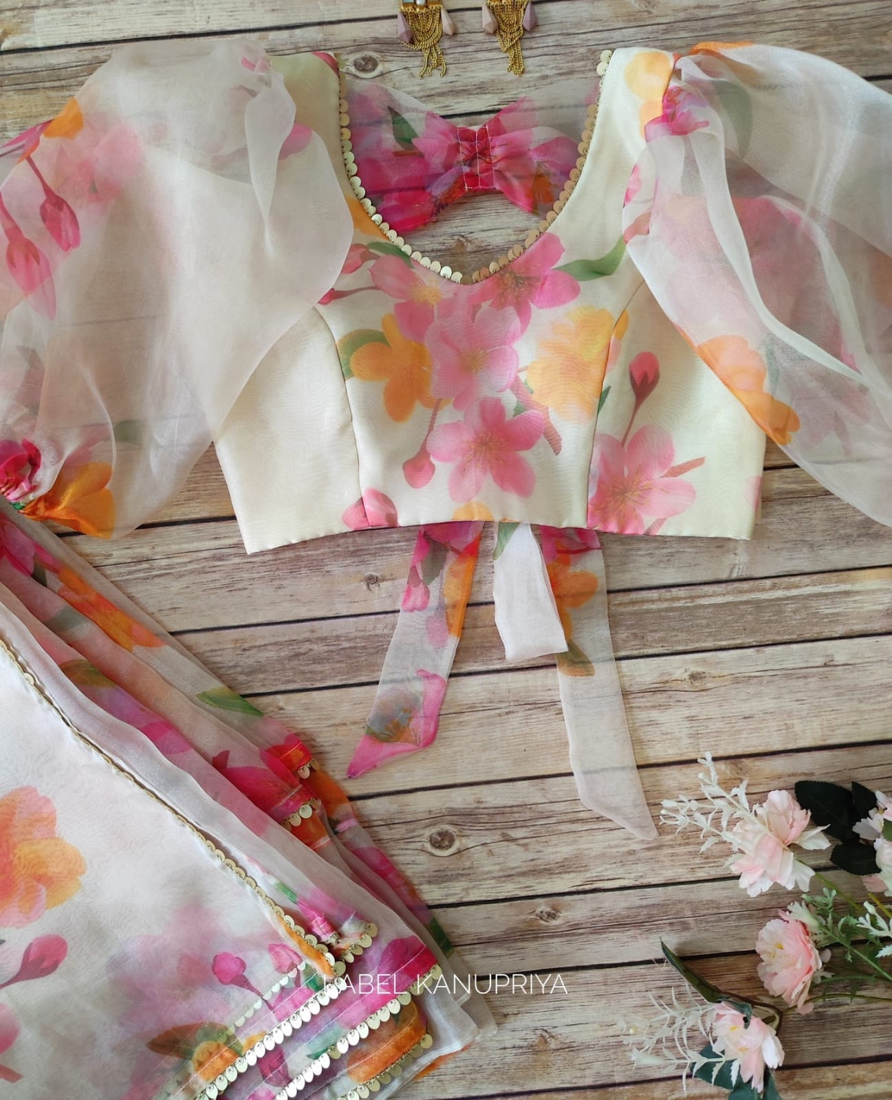 FLORAL PRINT ORGANZA BASE DESIGNER EMBROIDERY WORK SAREE