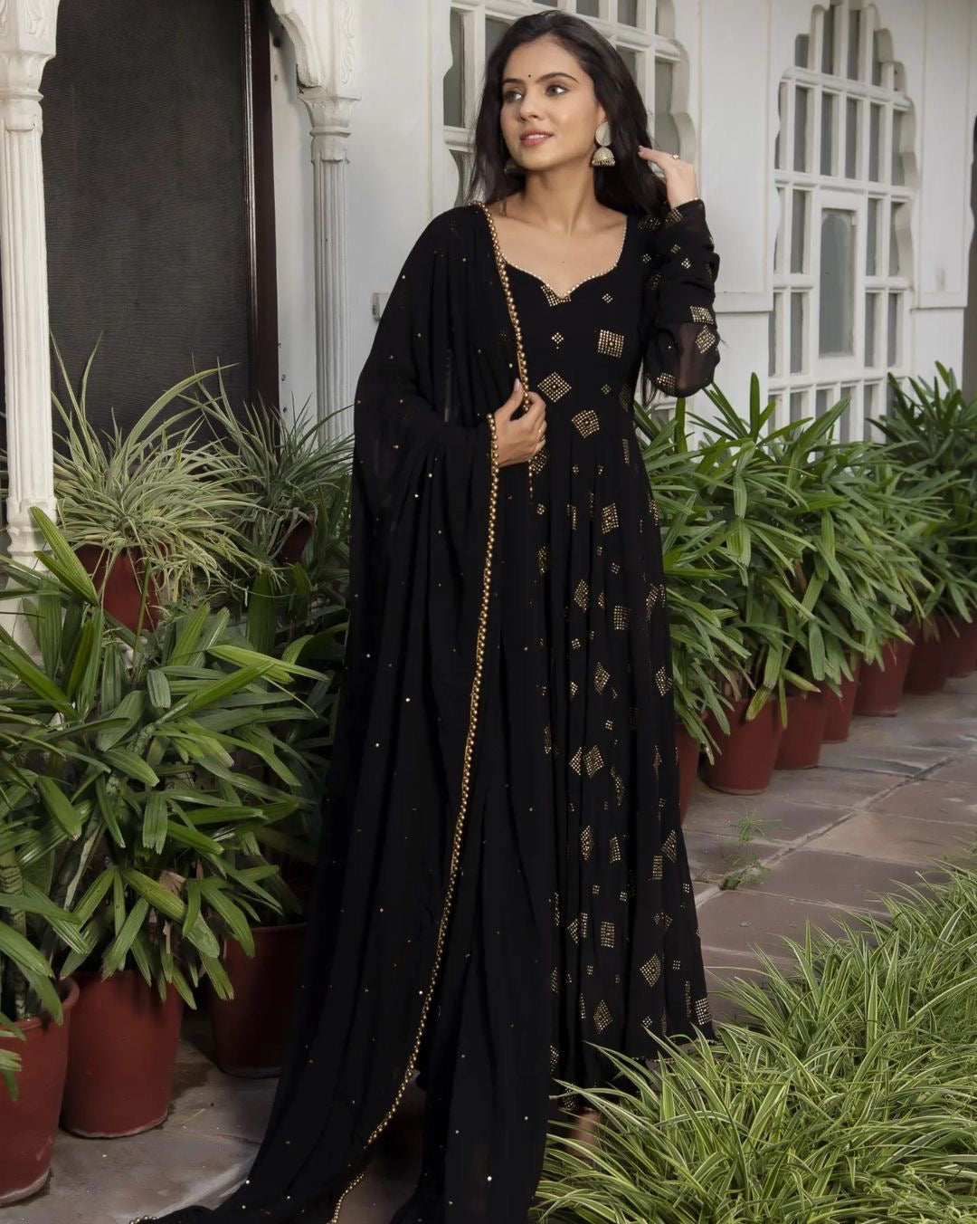 CHARCOAL BLACK GEORGETTE BASE DESIGNER ANARKALI SUIT WITH CHURIDAR SET OF 3