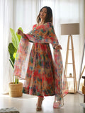 WOMEN'S ORANGE & PINK FLORAL PRINTED FLARED ANARKALI SUIT WITH LUKHNOWI WORK BELT