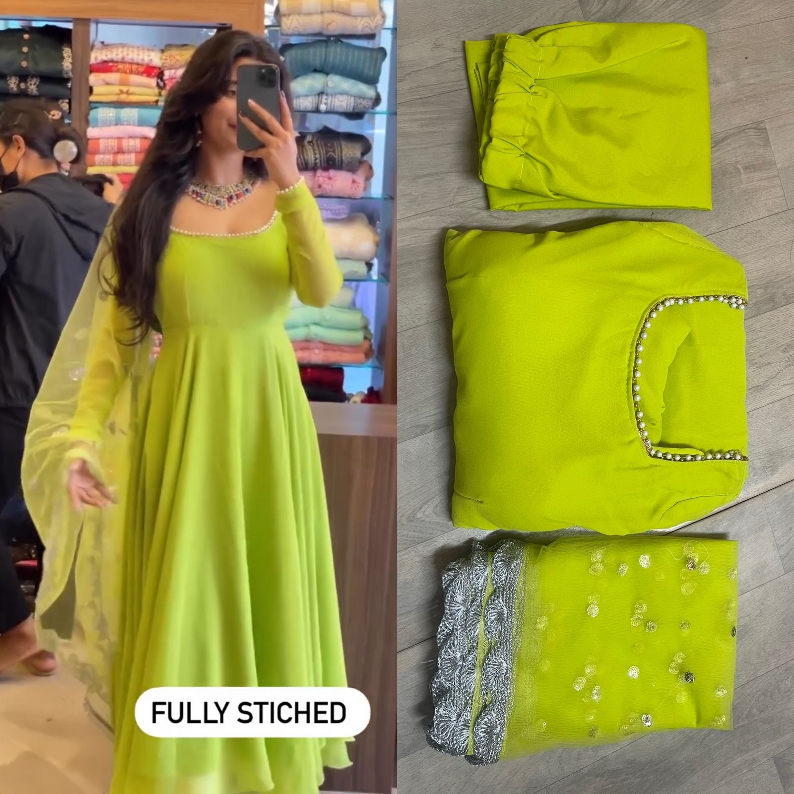 PARROT GREEN GEORGETTE BASE ANARKALI SUIT WITH PLAIN CHURIDAR SET OF 3