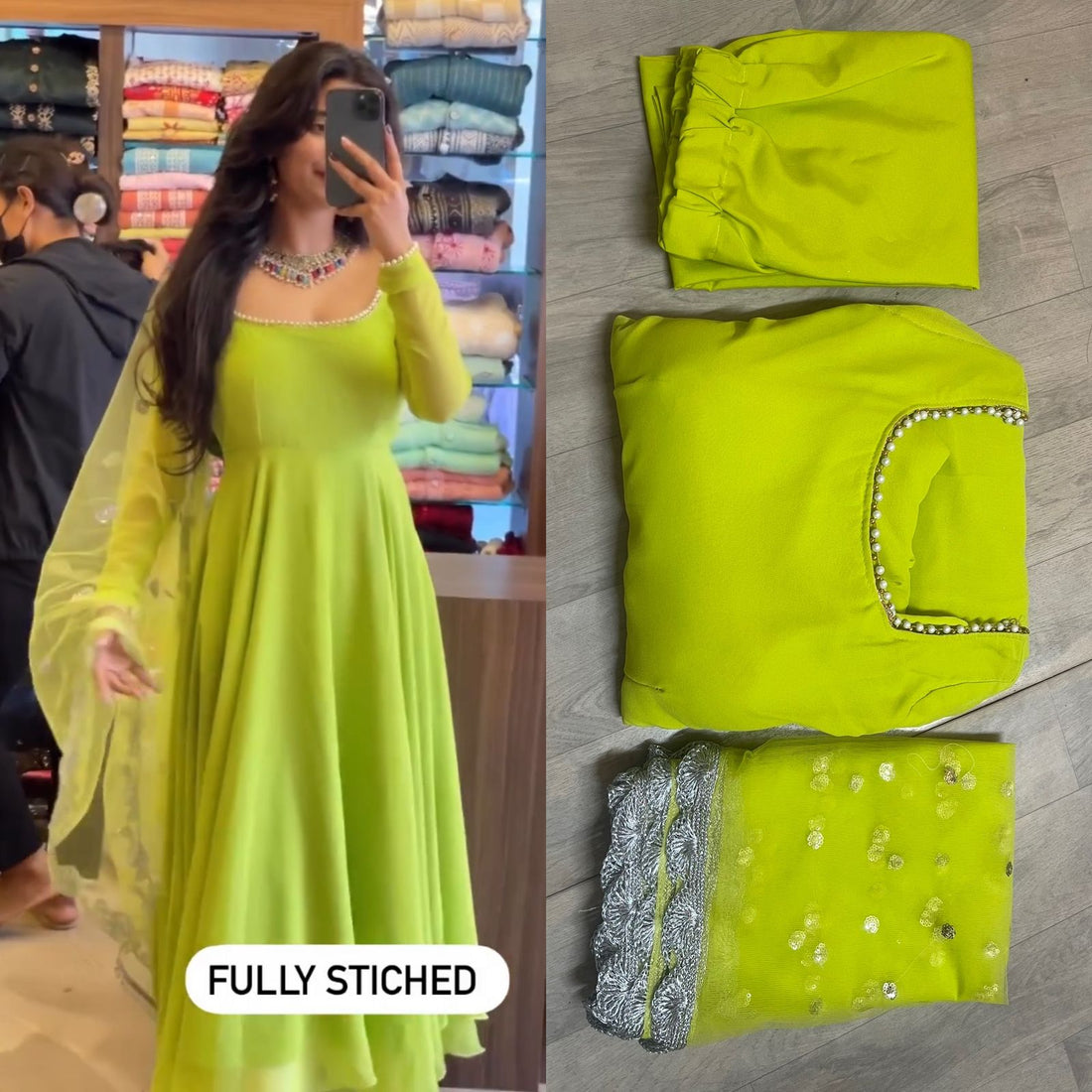 PARROT GREEN GEORGETTE BASE ANARKALI SUIT WITH PLAIN CHURIDAR SET OF 3