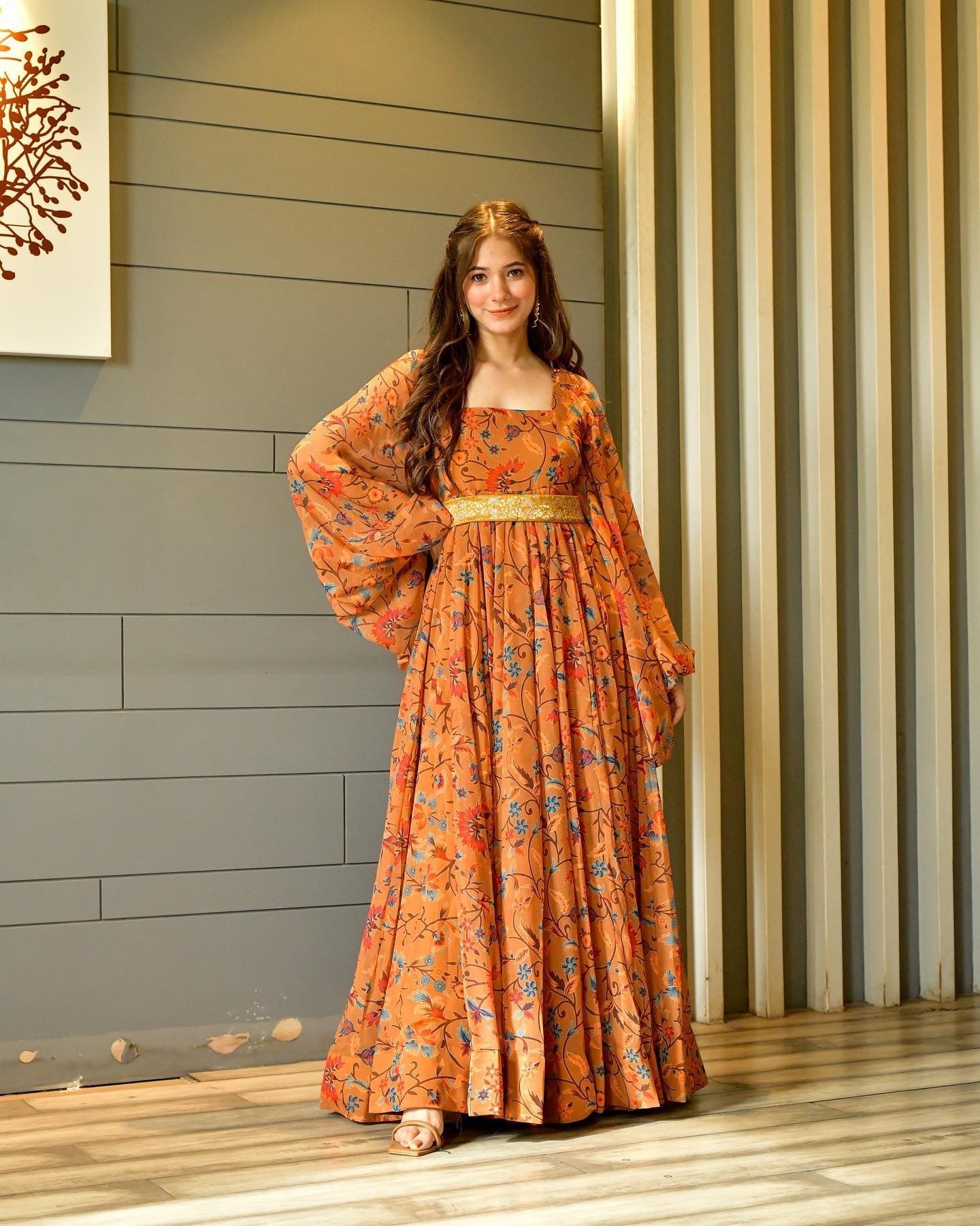 ORANGE MAXI DRES WITH DIGITAL PRINT AND EMBROIDERY WORK
