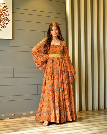 ORANGE MAXI DRES WITH DIGITAL PRINT AND EMBROIDERY WORK
