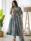 WOMEN'S BLUE & PINK FLORAL PRINTED FLARED ANARKALI SUIT WITH LUKHNOWI WORK BELT