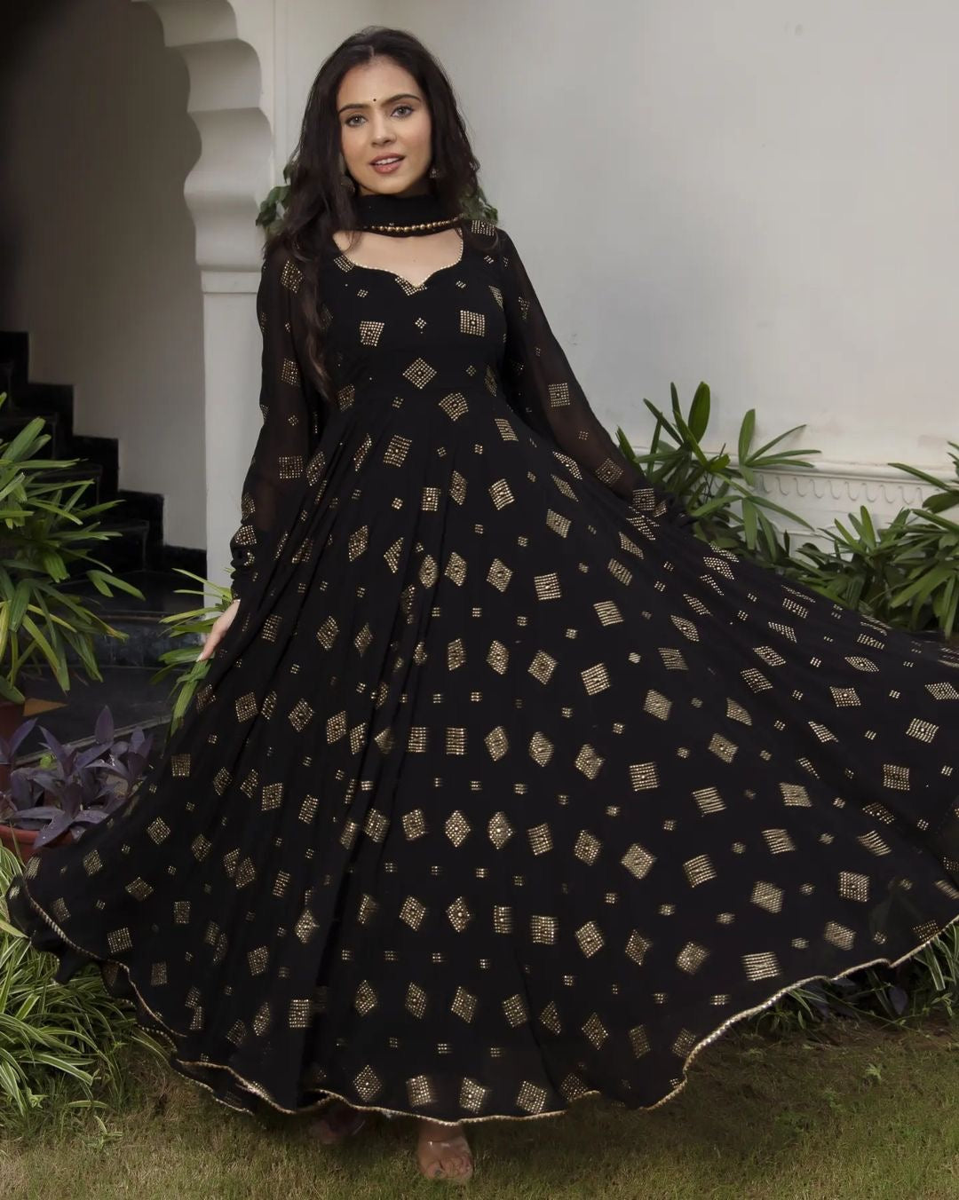 CHARCOAL BLACK GEORGETTE BASE DESIGNER ANARKALI SUIT WITH CHURIDAR SET OF 3