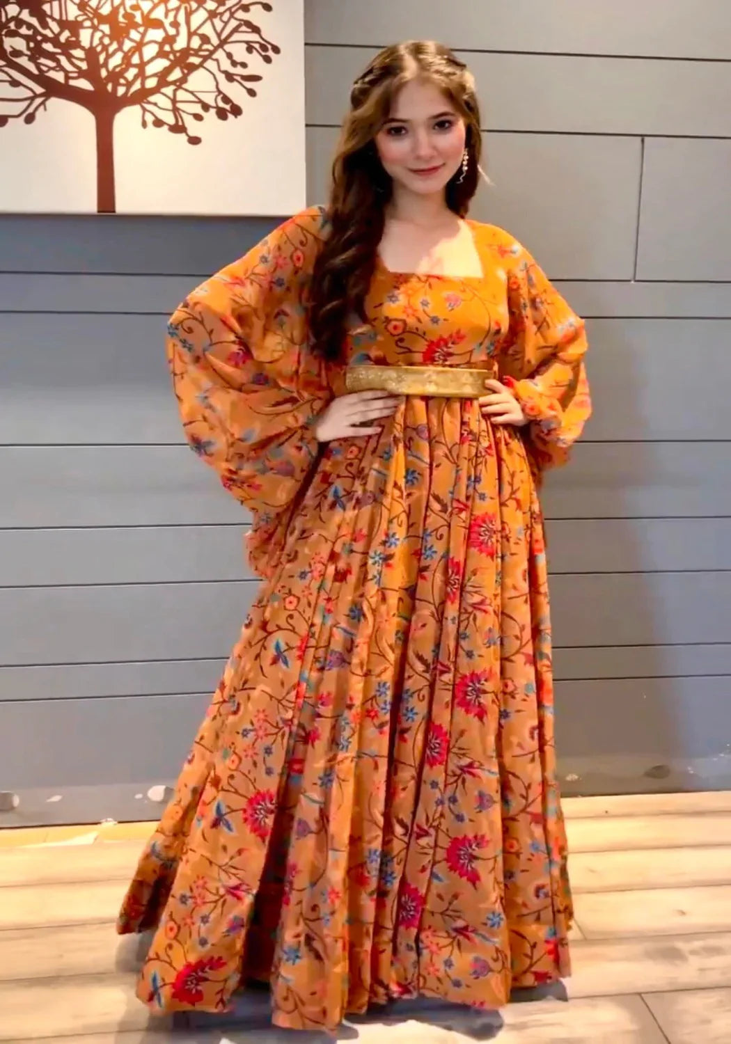 ORANGE MAXI DRES WITH DIGITAL PRINT AND EMBROIDERY WORK