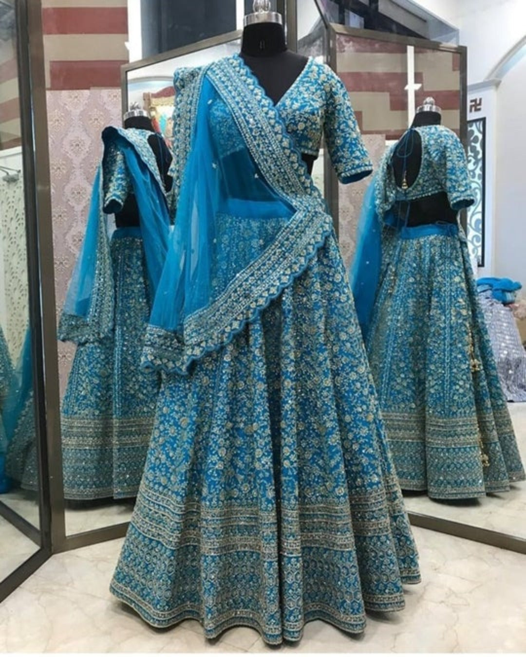 EMBROIDERED CORDING SEQUENCE BLUE WADDING LEHENGA CHOLI