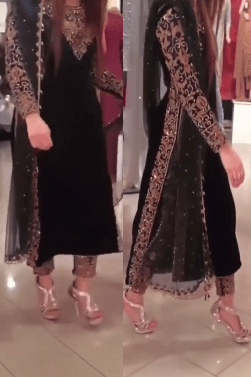 BLACK COLOR VELVET FABRIC HEAVY EMBROIDERY SEQUINS WORK FULL SLEEVES DESIGNER PAKISTANI SUIT