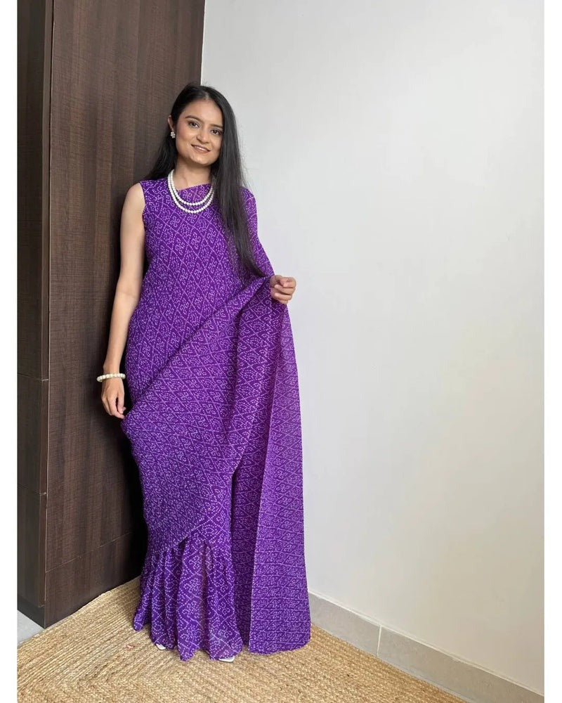 BEAUTIFUL PURPLE BANDHANI DESIGNER GEORGETTE BASE PRE DRAPPED GOWN SAREE