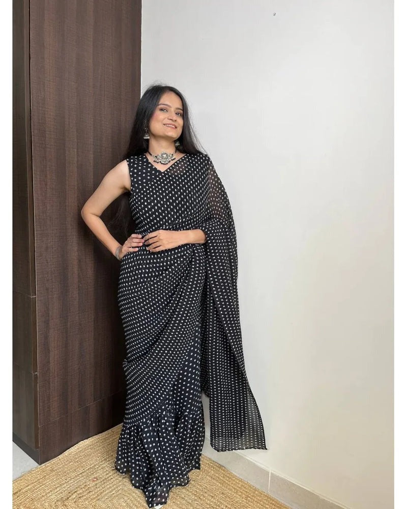 BEAUTIFUL BLACK DOT DESIGNER GEORGETTE BASE PRE DRAPPED GOWN SAREE