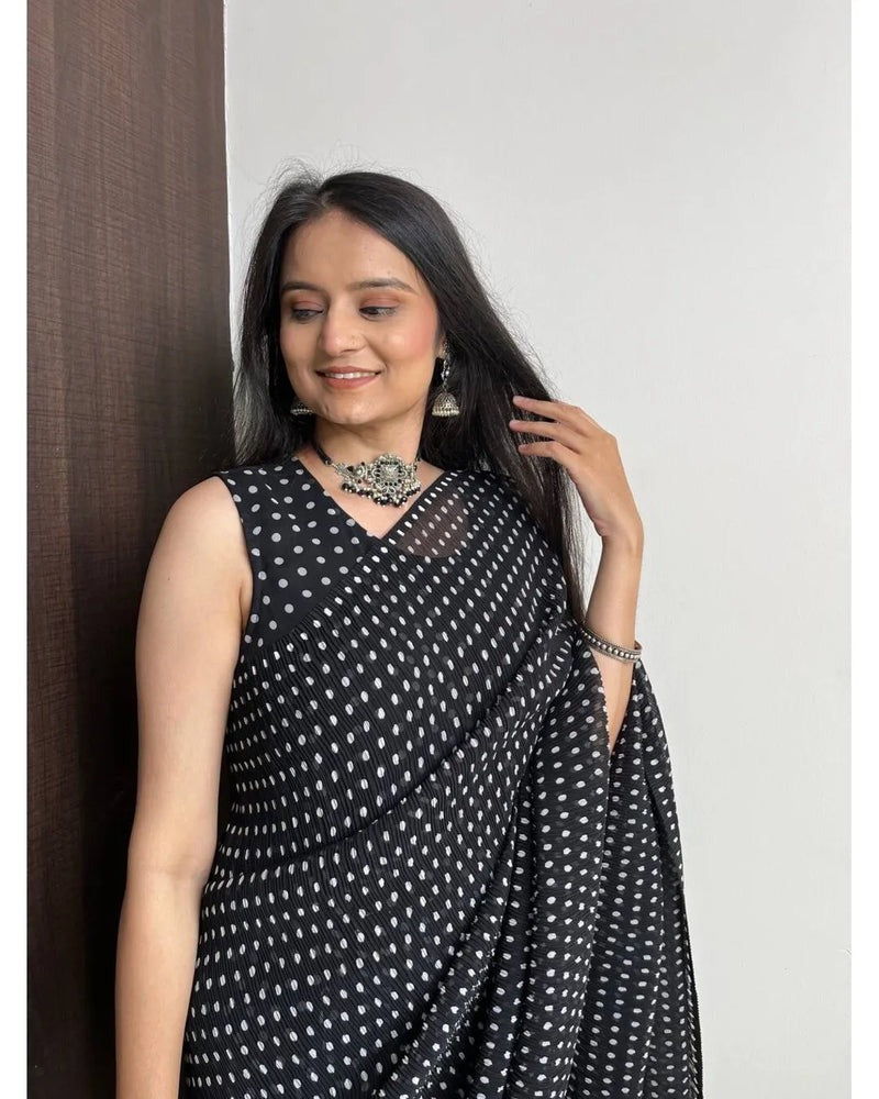 BEAUTIFUL BLACK DOT DESIGNER GEORGETTE BASE PRE DRAPPED GOWN SAREE