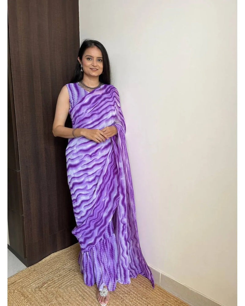 ATTRACTIVE PURPLE SHADE DESIGNER GEORGETTE BASE PRE DRAPPED GOWN SAREE