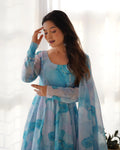 SKY PURE SOFT ORGANZA ANARKALI SUIT SET WITH HUGE FLAIR, DUPATTA & PANT