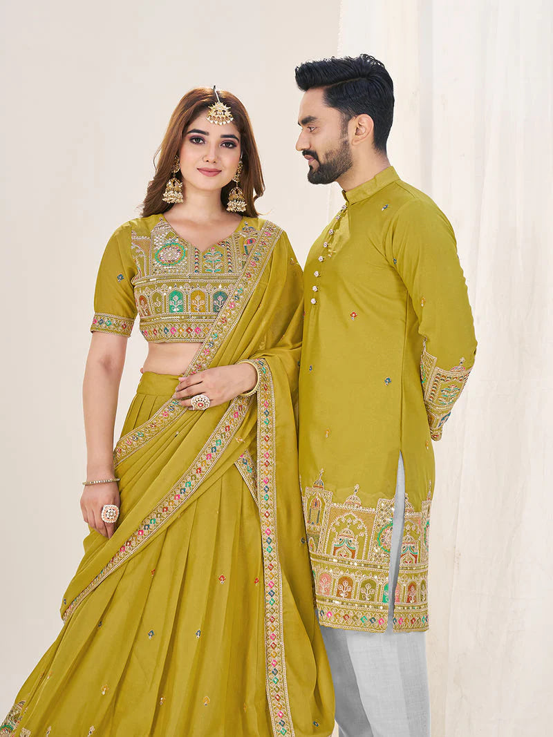 LIME GREEN EMBROIDERED LEHENGA CHOLI & MATCHING MEN'S KURTA SET COMBO