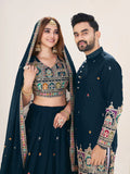 NAVY BLUE EMBROIDERED LEHENGA CHOLI & MATCHING MEN'S KURTA SET COMBO