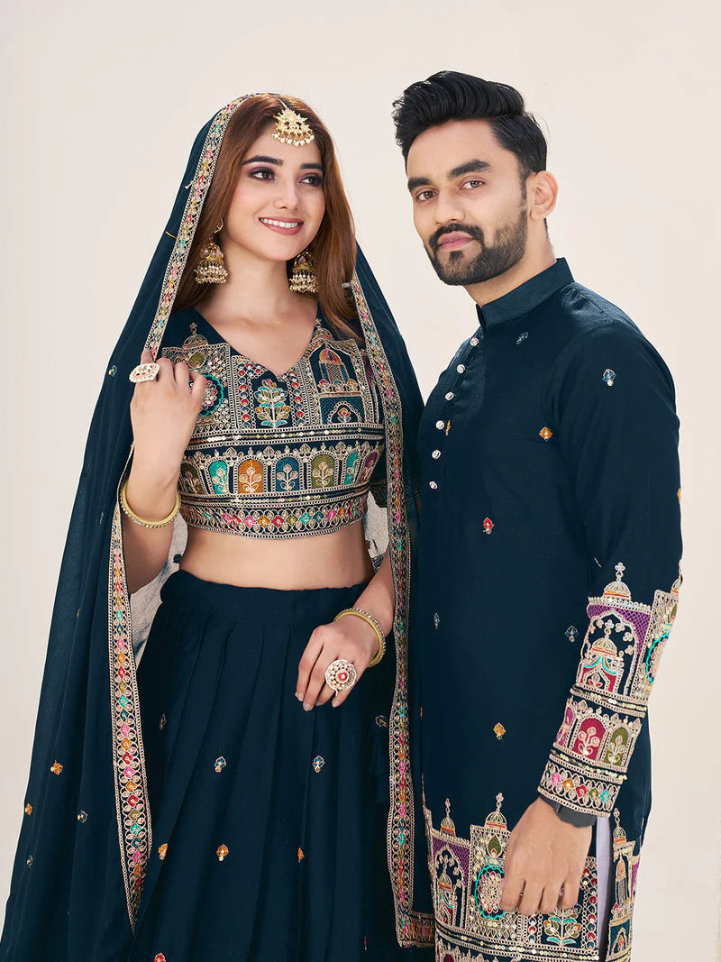 NAVY BLUE EMBROIDERED LEHENGA CHOLI & MATCHING MEN'S KURTA SET COMBO