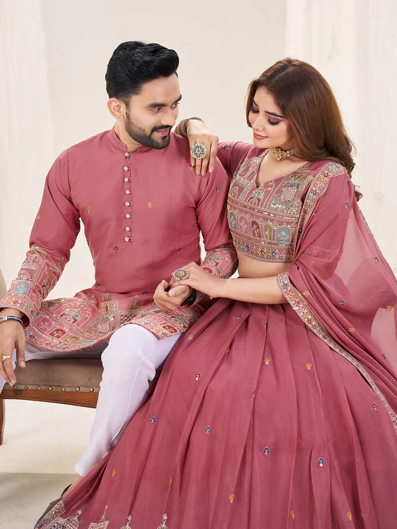 PINK EMBROIDERED LEHENGA CHOLI & MATCHING MEN'S KURTA SET COMBO