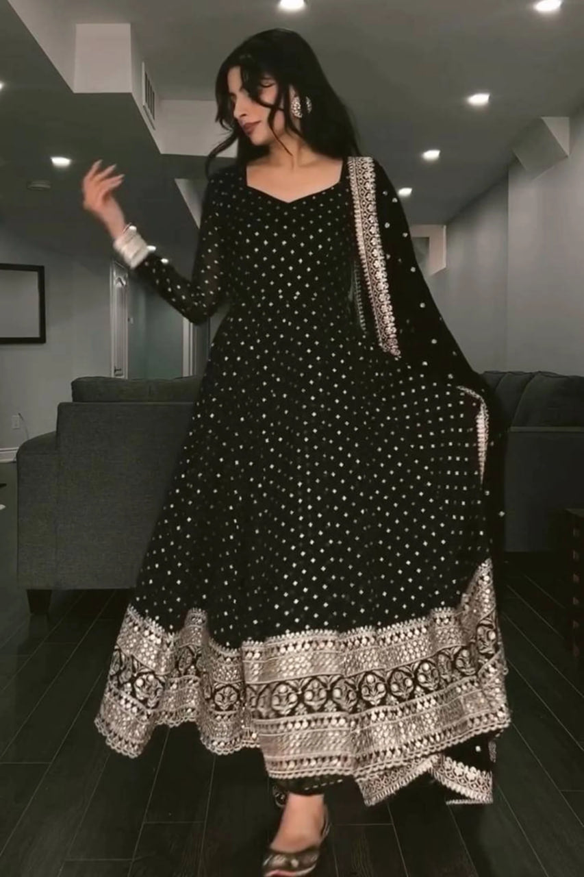 BLACK SEQUINS WORK FABVILLA ANARKALI SUIT SET