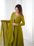 LUXURY MEHENDI GREEN FOX GEORGETTE ANARKALI SUIT WITH DUPATTA & PANT