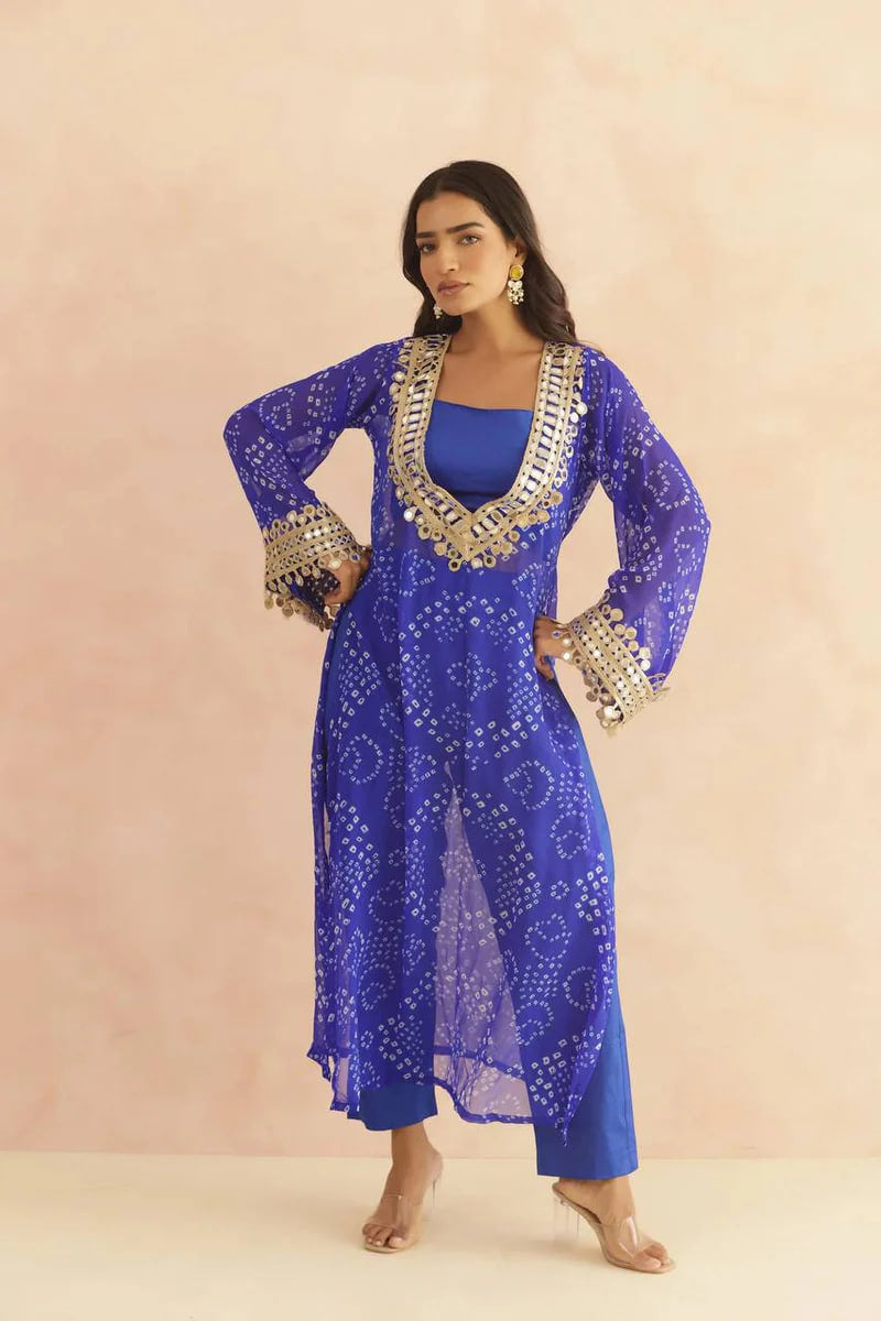 BANDHEJ PRINT MIRROR LACE WORK FUSION KURTI STYLE CO-ORD SET – TRENDY ETHNIC WEAR