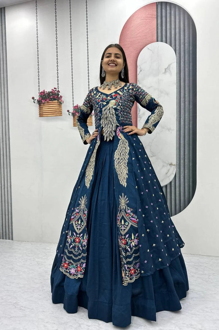 INDIGO COLOR CROP TOP LEHENGA WITH EMBROIDERED SHRUG