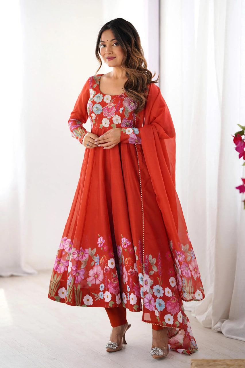 RUST ORANGE FLORAL ORGANZA SILK ANARKALI SUIT SET