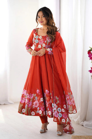 RUST ORANGE FLORAL ORGANZA SILK ANARKALI SUIT SET