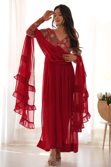 STUNNING RED ALIA CUT FIT EMBROIDERY KURTA SET WITH DUPATTA AND PANTS