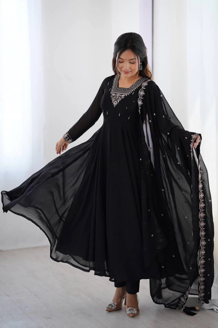 Black Georgette Embroidered Anarkali Suit Set