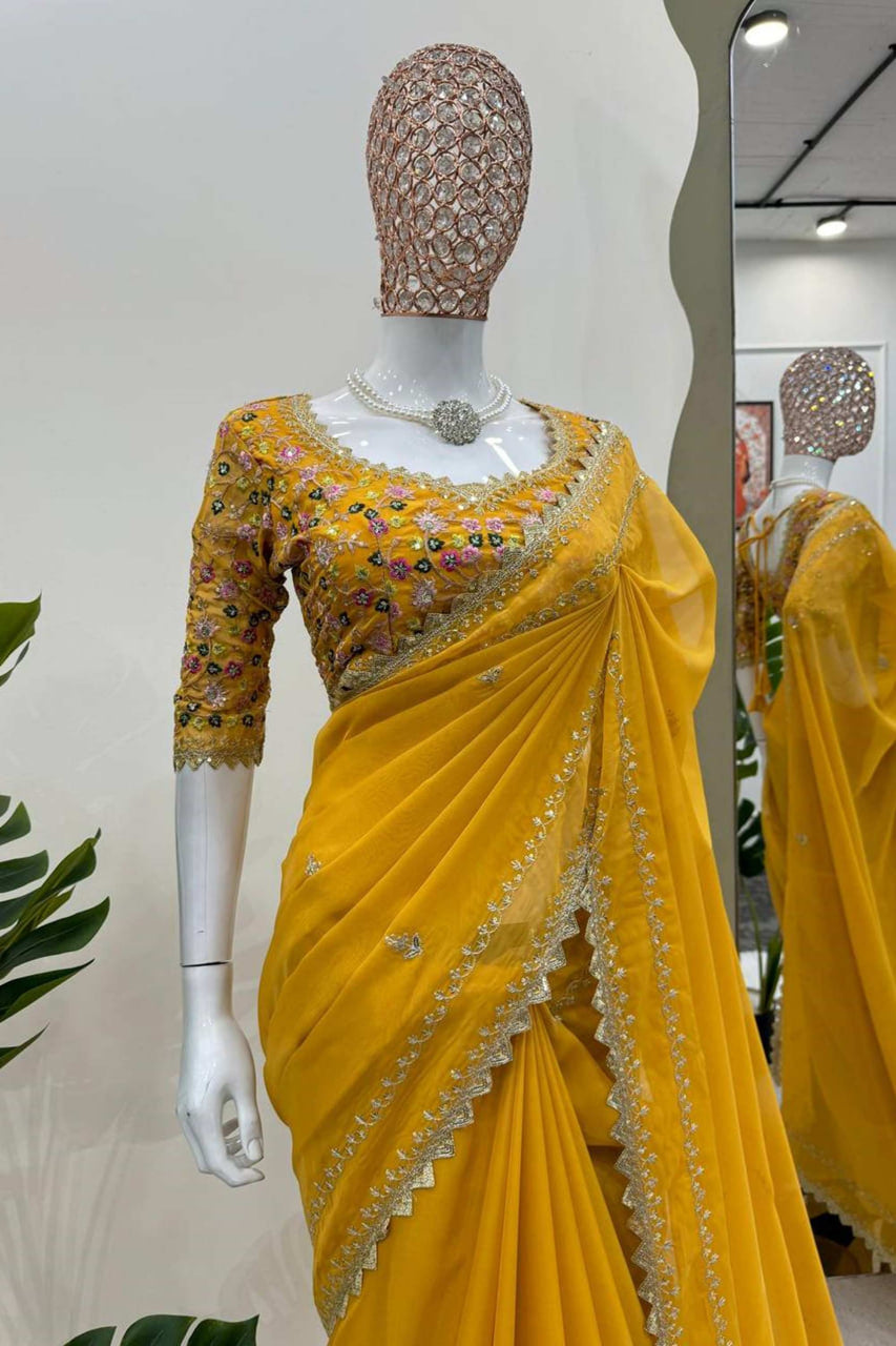 YELLOW COLOR BEAUTIFUL DESIGNER SAREE ON TIBBY SILK FABRIC
