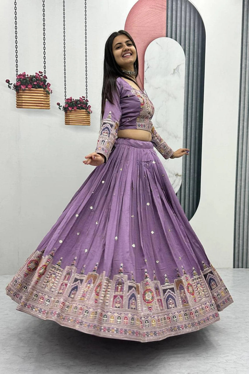 MAUVE EMBROIDERED VICHITRA SILK LEHENGA CHOLI