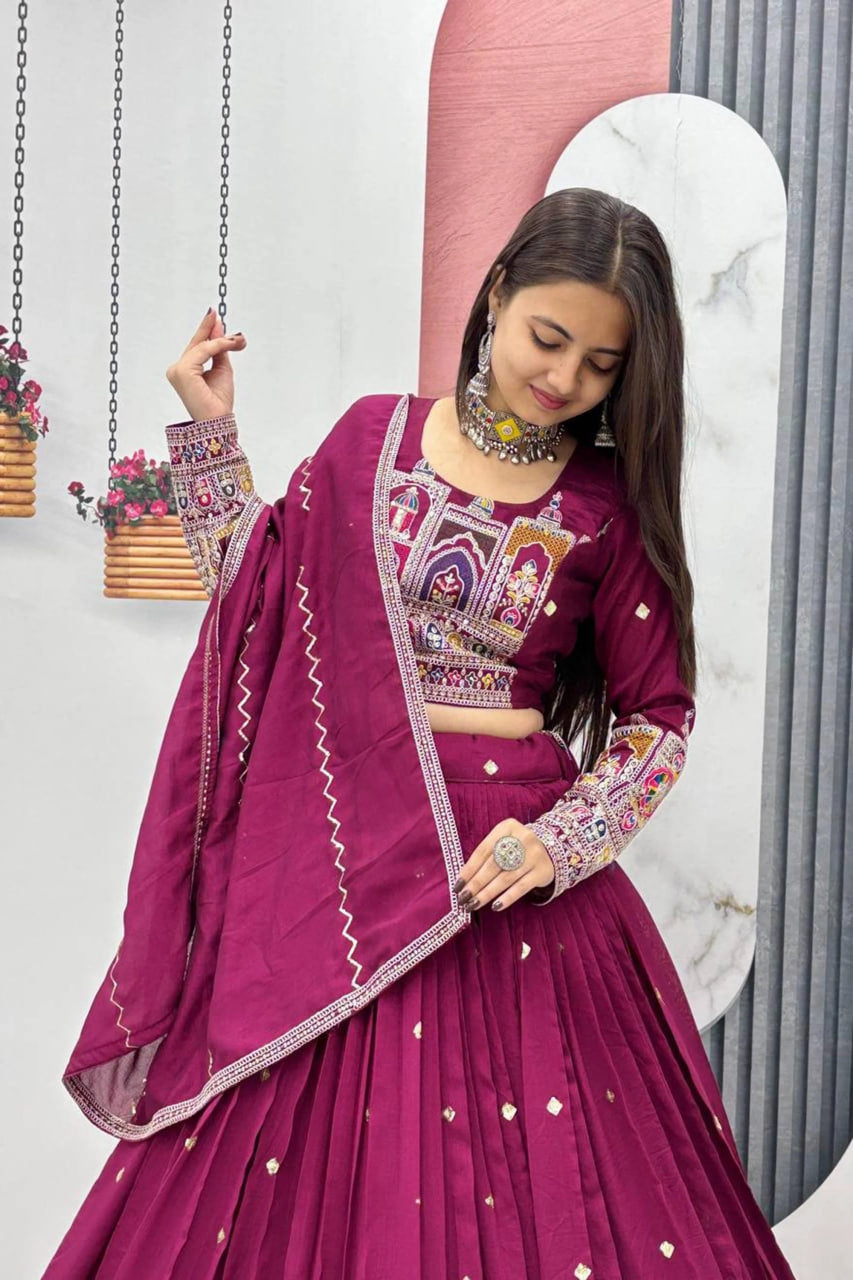 MAROON EMBROIDERED VICHITRA LEHENGA CHOLI SET