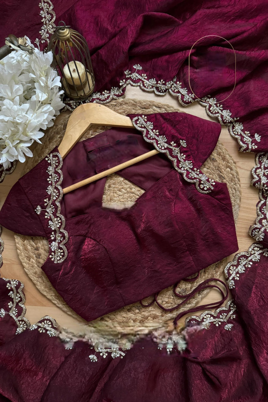 ELEGANT WINE SILK SAREE WITH KATDANA & PEARL HANDWORK