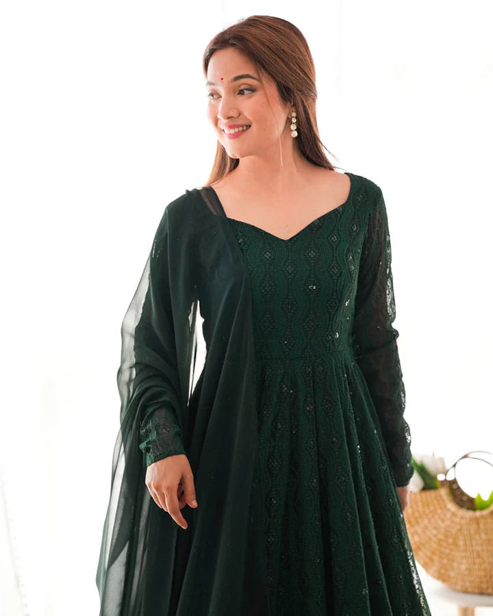 GREEN COLOR GEORGETTE LUCKNOWI THREE PIECE ANARKALI SUIT