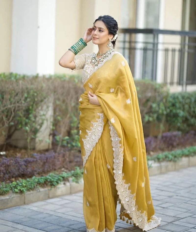 DESIGNER LOOK MUSTARD YELLOW COLOR SAREE WITH BLOUSE