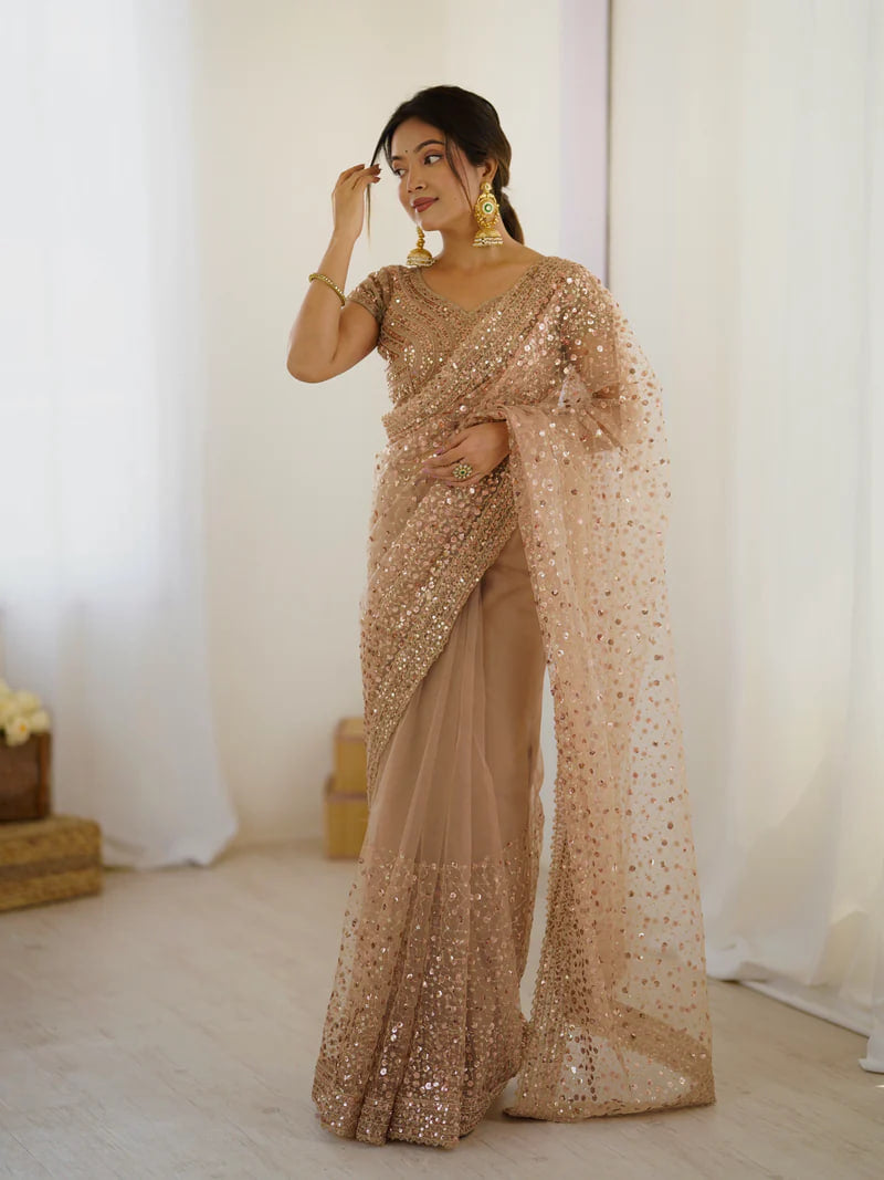 GOLDEN SOFT NET BEAUTIFUL DESIGNER SAREE